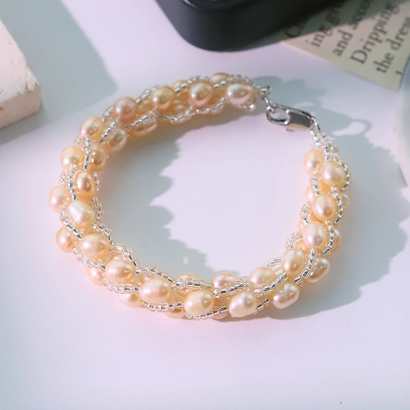 Elegant Triple Strand Pink Freshwater Pearl Bracelet