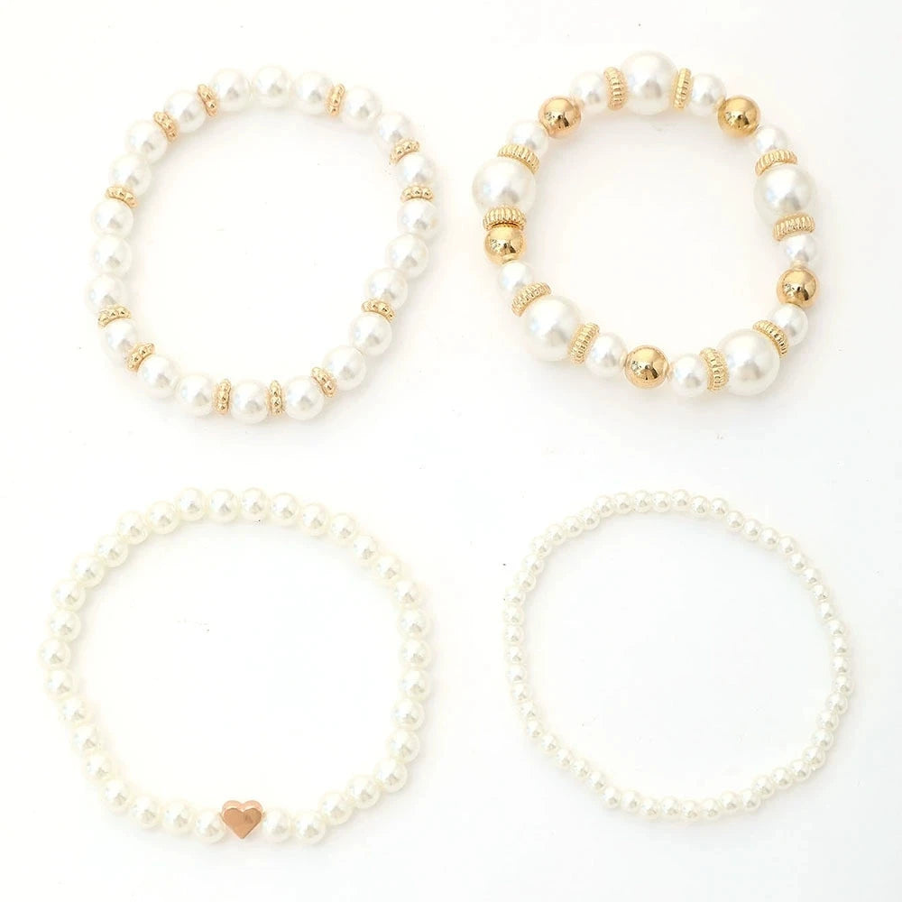 Korean Heart Charm Pearl Beaded Bracelet Set for Women