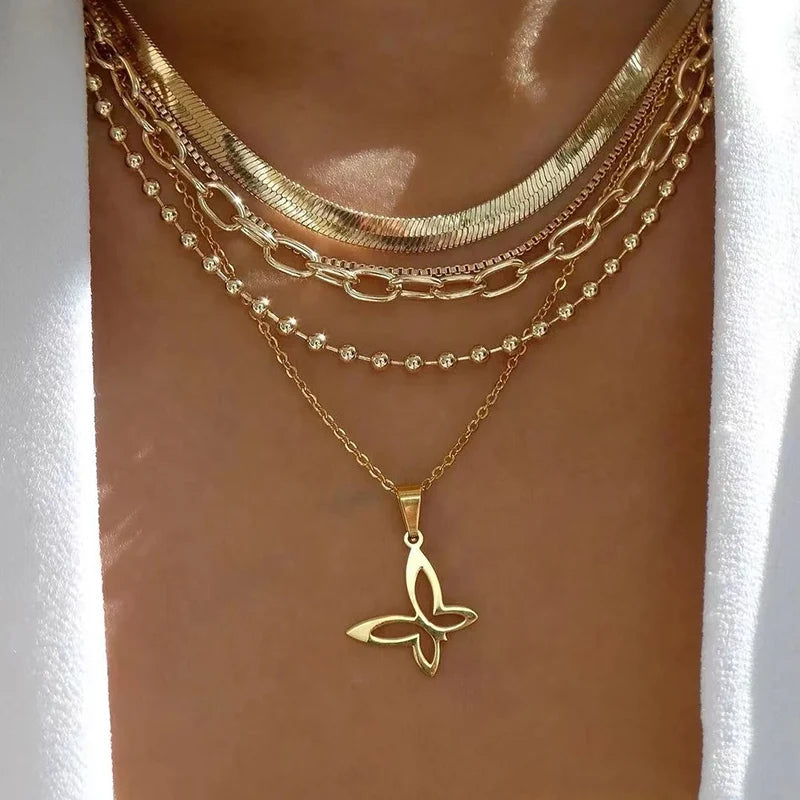 Multilayer Crystal Butterfly Heart Pendant Necklace for Women