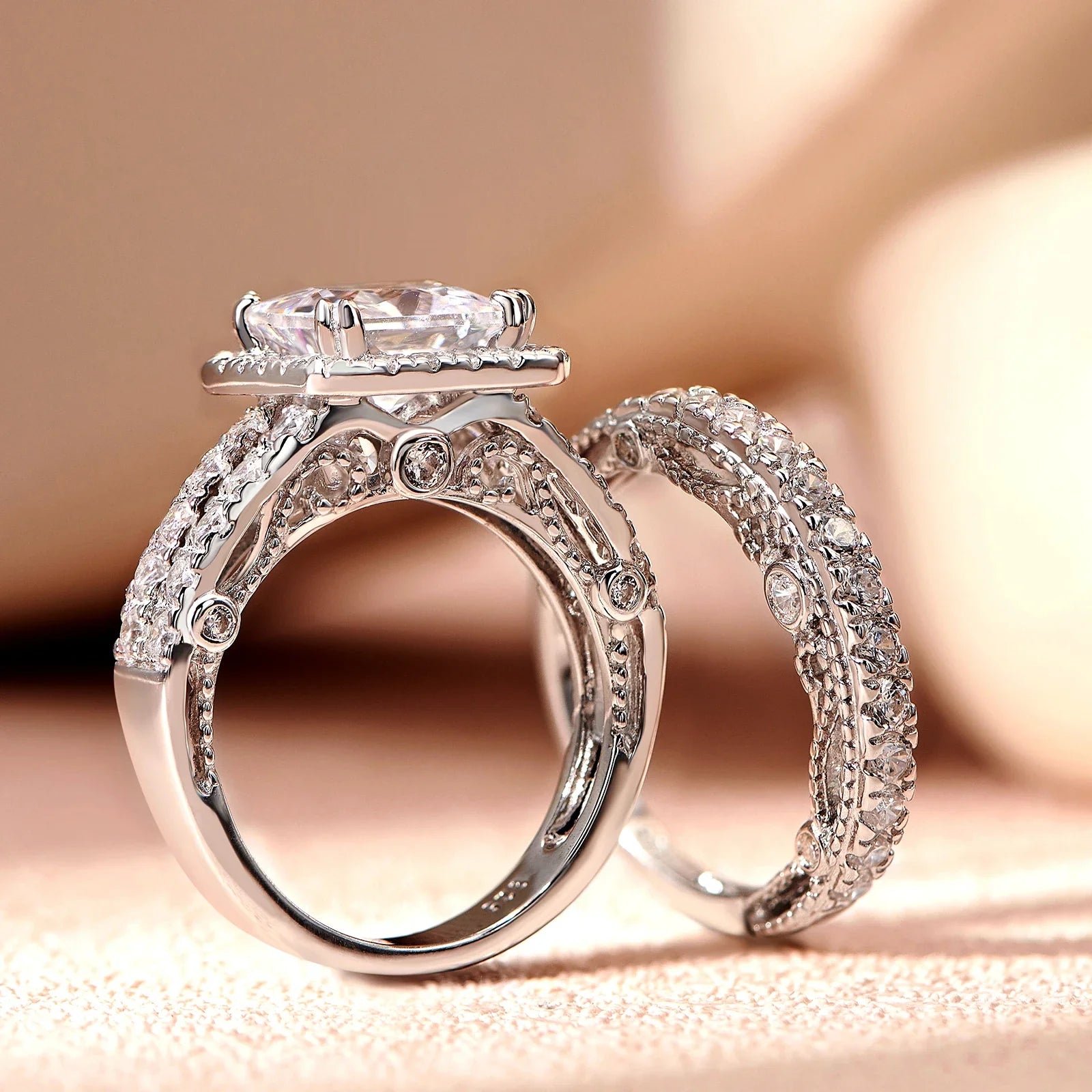 Luxury Moissanite Engagement & Wedding Ring Set – Vintage Sterling Silver