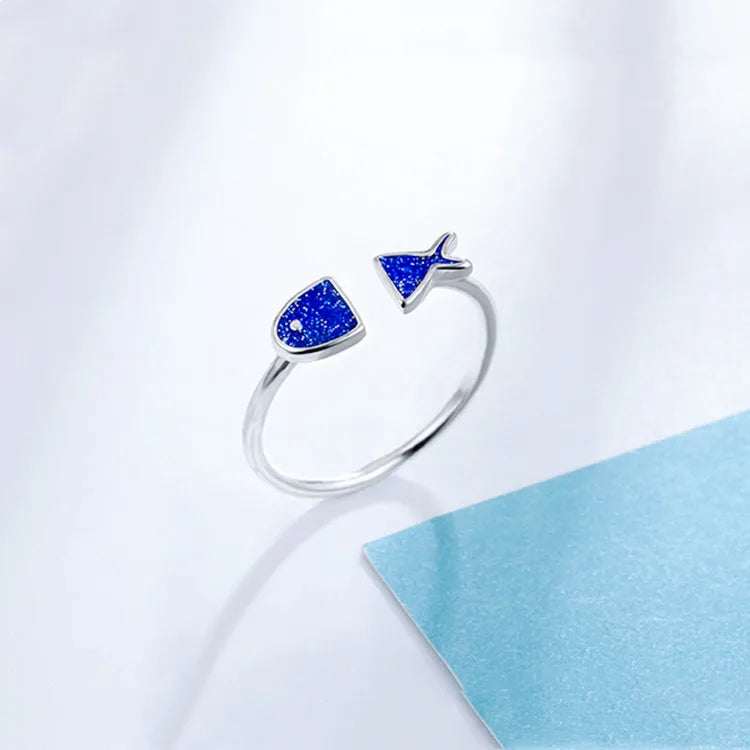 Mermaid Whale Tail Moonstone Stackable Ring – Blue Green Silver