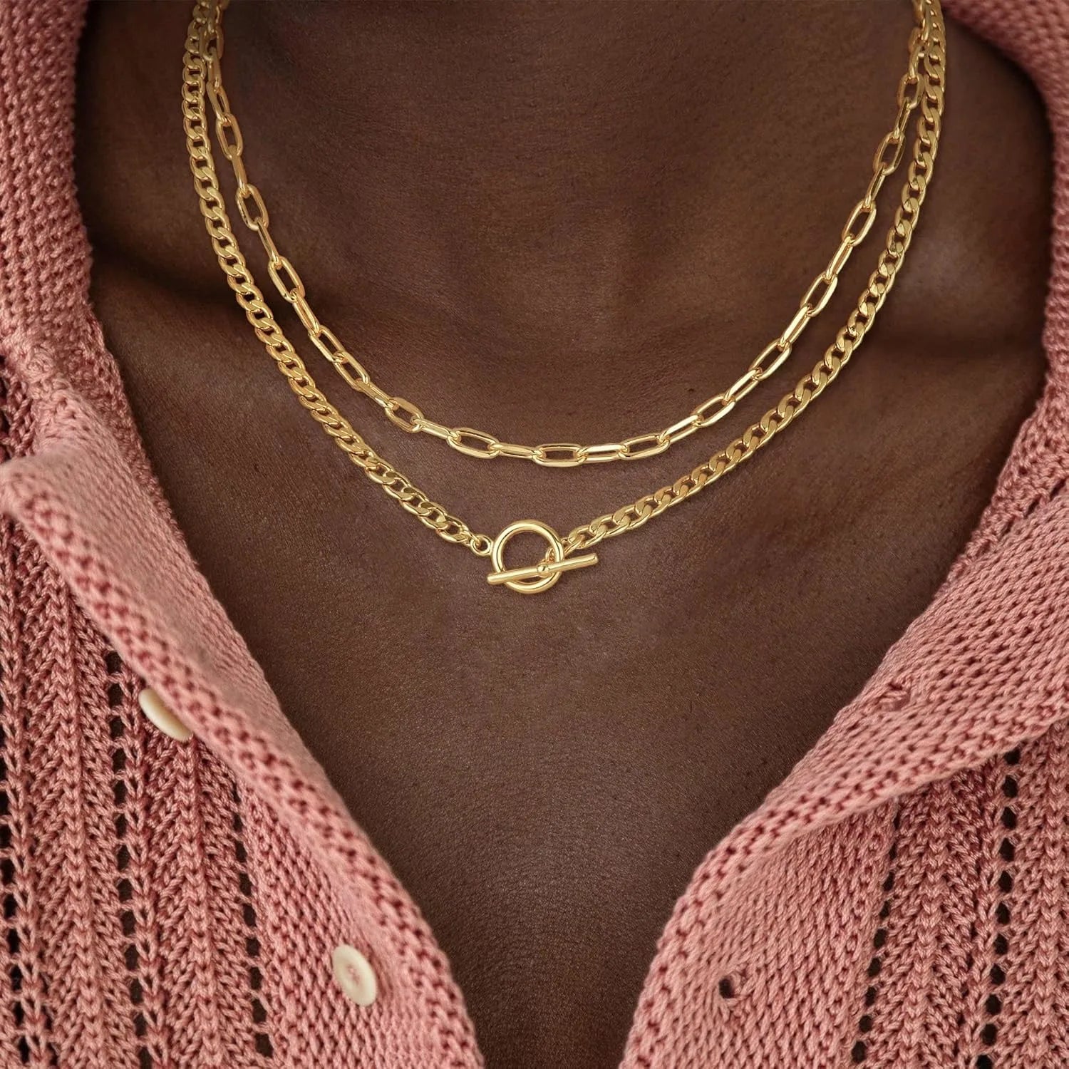 Women’s Gold Layered Chain Necklace – Cuban Link Paperclip Style