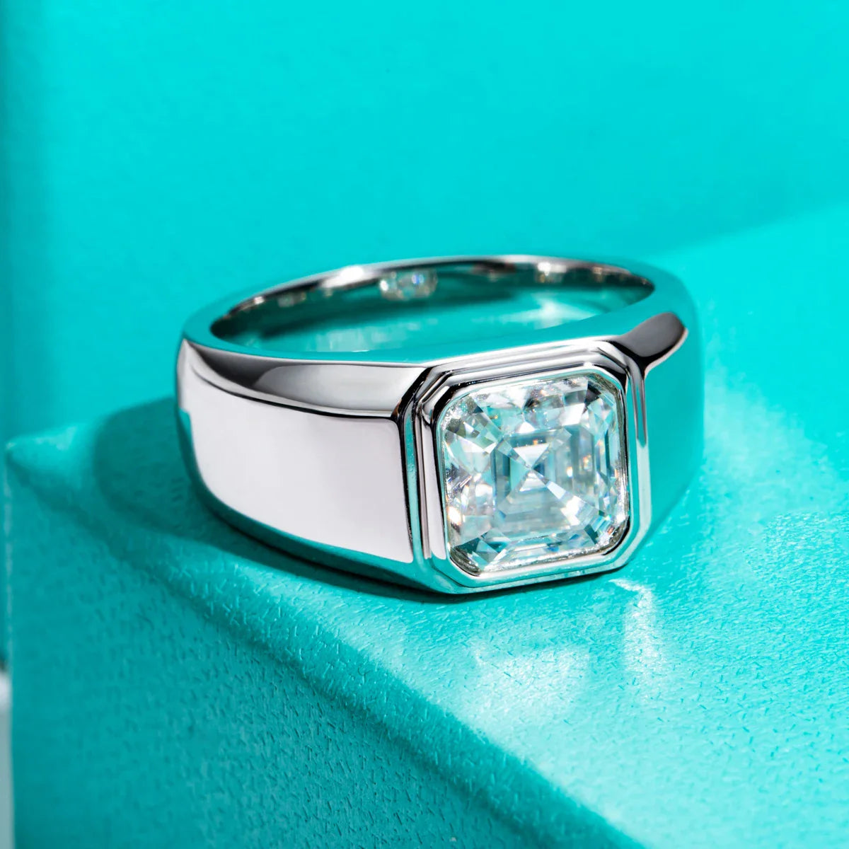 Luxury Asscher Cut Moissanite Engagement Ring in Gold Plated Sterling Silver