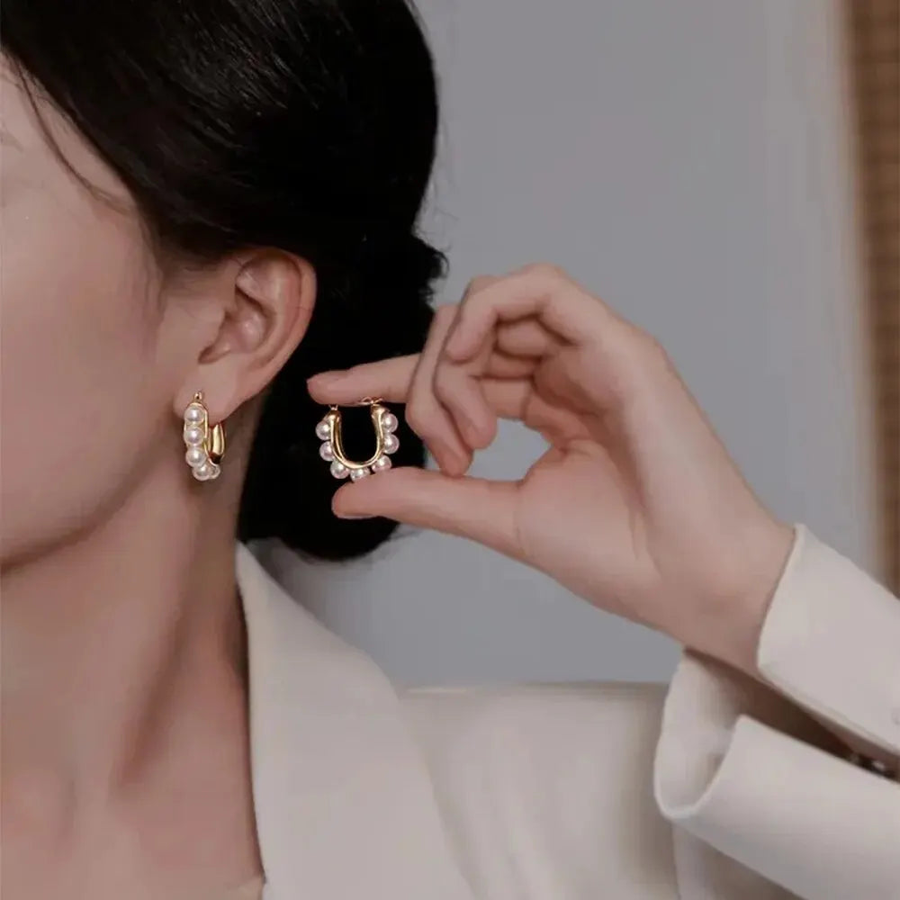 Gold U-Shaped Hoop Earrings with Imitation Pearls for Women