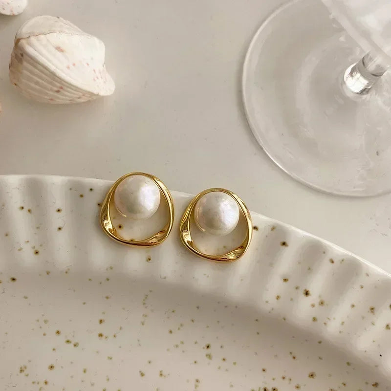 Gold Imitation Pearl Stud Earrings – Korean Irregular Design