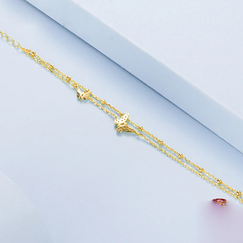 Double-Layer Butterfly Sterling Silver Bracelet – Adjustable CZ Gold Chain