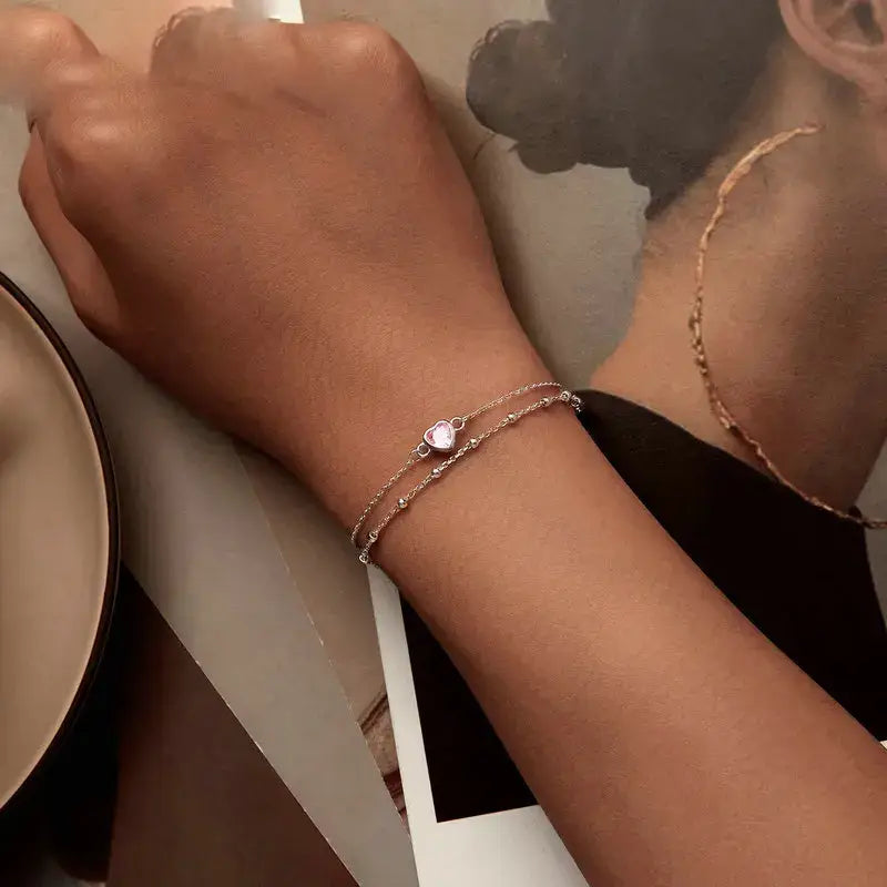 Silver Double Layer Heart Bracelet with Pink Zircon Adjustable Chain