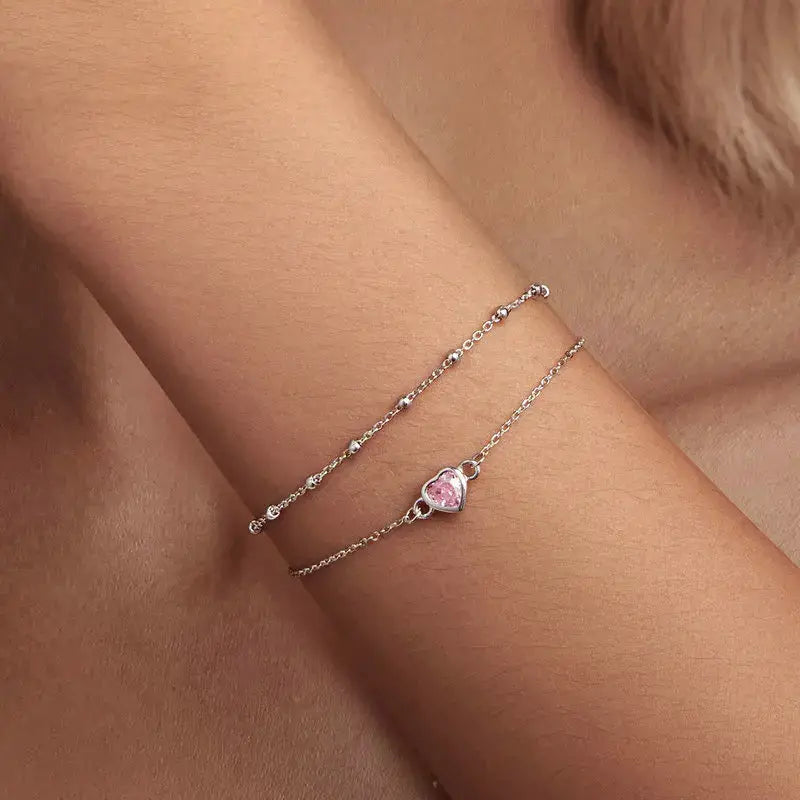 Silver Double Layer Heart Bracelet with Pink Zircon Adjustable Chain