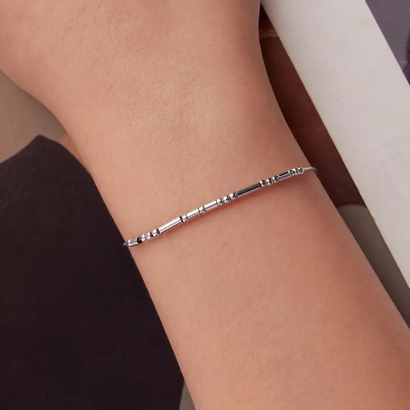 Silver Morse Code Bracelet for Women – Vintage Beaded Chain Jewelry Gift