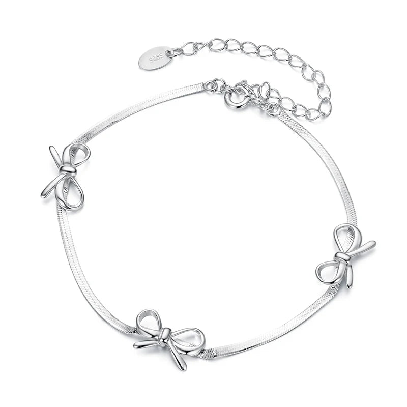 Silver Ribbon Bowknot Snake Chain Bracelet for Women & Girls