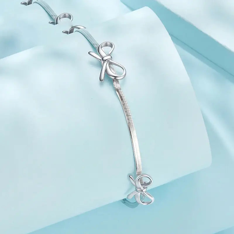 Silver Ribbon Bowknot Snake Chain Bracelet for Women & Girls