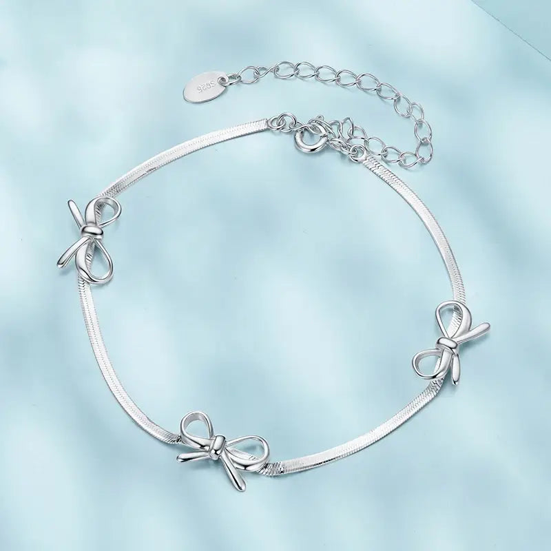 Silver Ribbon Bowknot Snake Chain Bracelet for Women & Girls