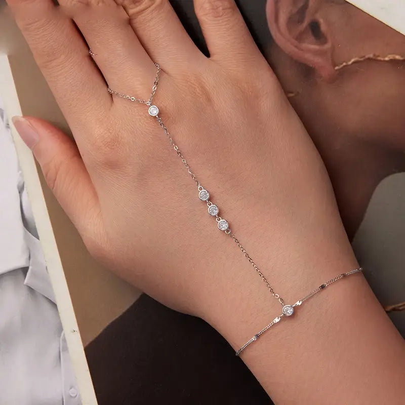 Silver Tassel Ring Bracelet Hand Chain Set with Dainty Zircons for Women