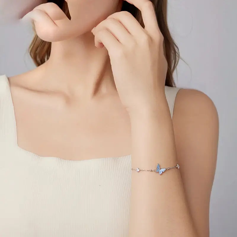 Sterling Silver Blue Butterfly Charm Bracelet for Women and Girls