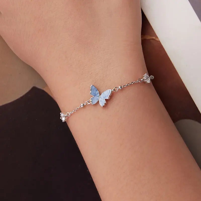 Sterling Silver Blue Butterfly Charm Bracelet for Women and Girls
