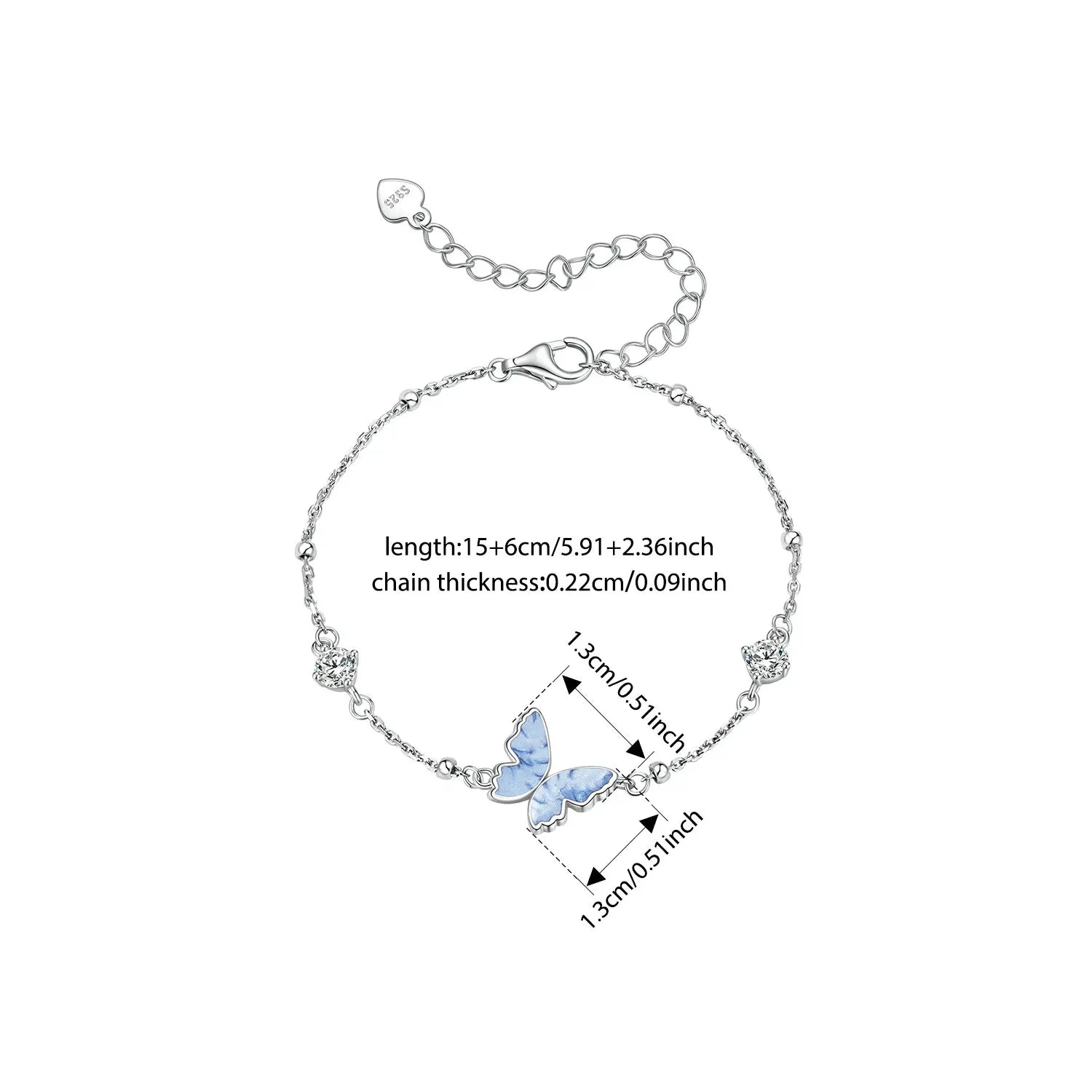 Sterling Silver Blue Butterfly Charm Bracelet for Women and Girls