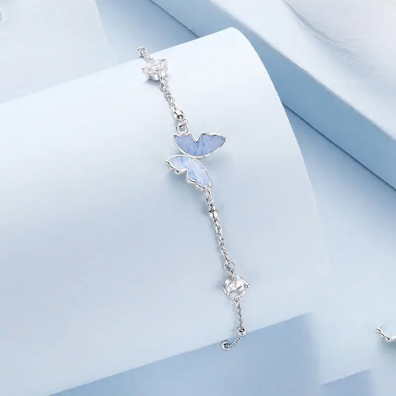 Sterling Silver Blue Butterfly Charm Bracelet for Women and Girls