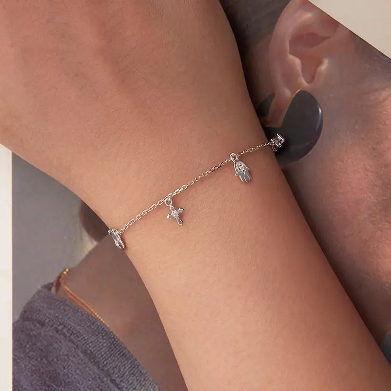 Sterling Silver Cross & Hand of Fatima Bracelet – Adjustable Lucky Gift