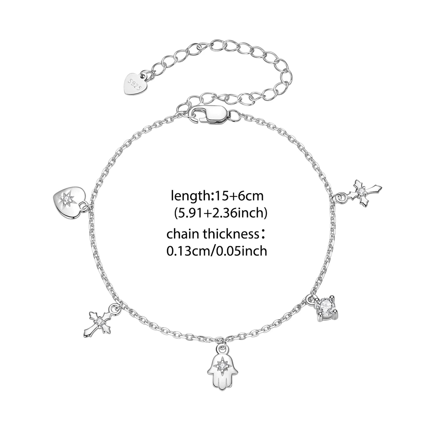 Sterling Silver Cross & Hand of Fatima Bracelet – Adjustable Lucky Gift