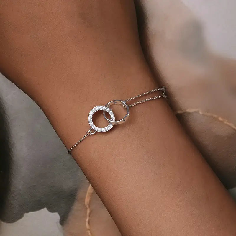 Sterling Silver Double Circle Hollow Heart Adjustable Bracelet