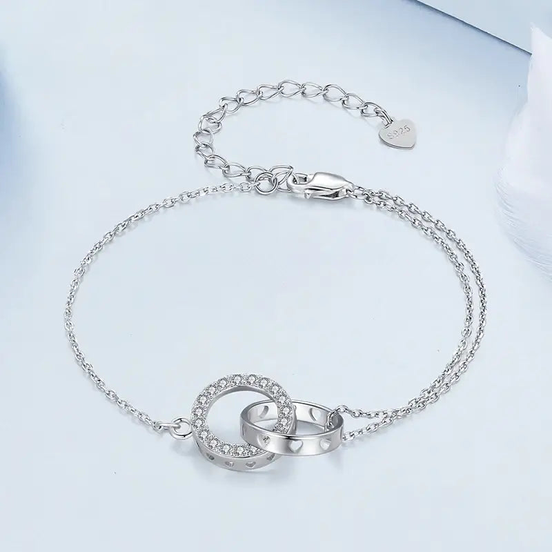 Sterling Silver Double Circle Hollow Heart Adjustable Bracelet