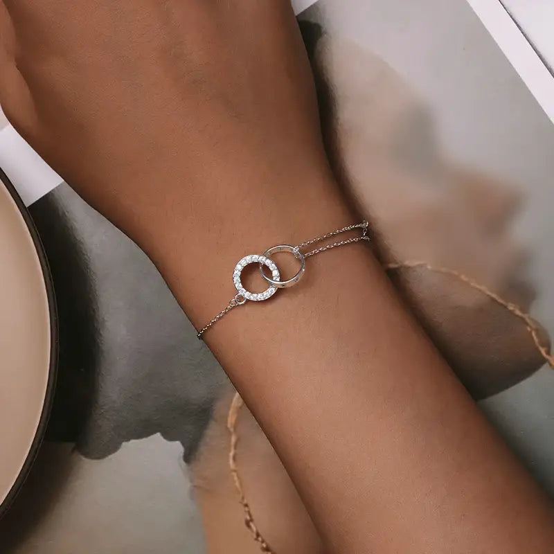 Sterling Silver Double Circle Hollow Heart Adjustable Bracelet