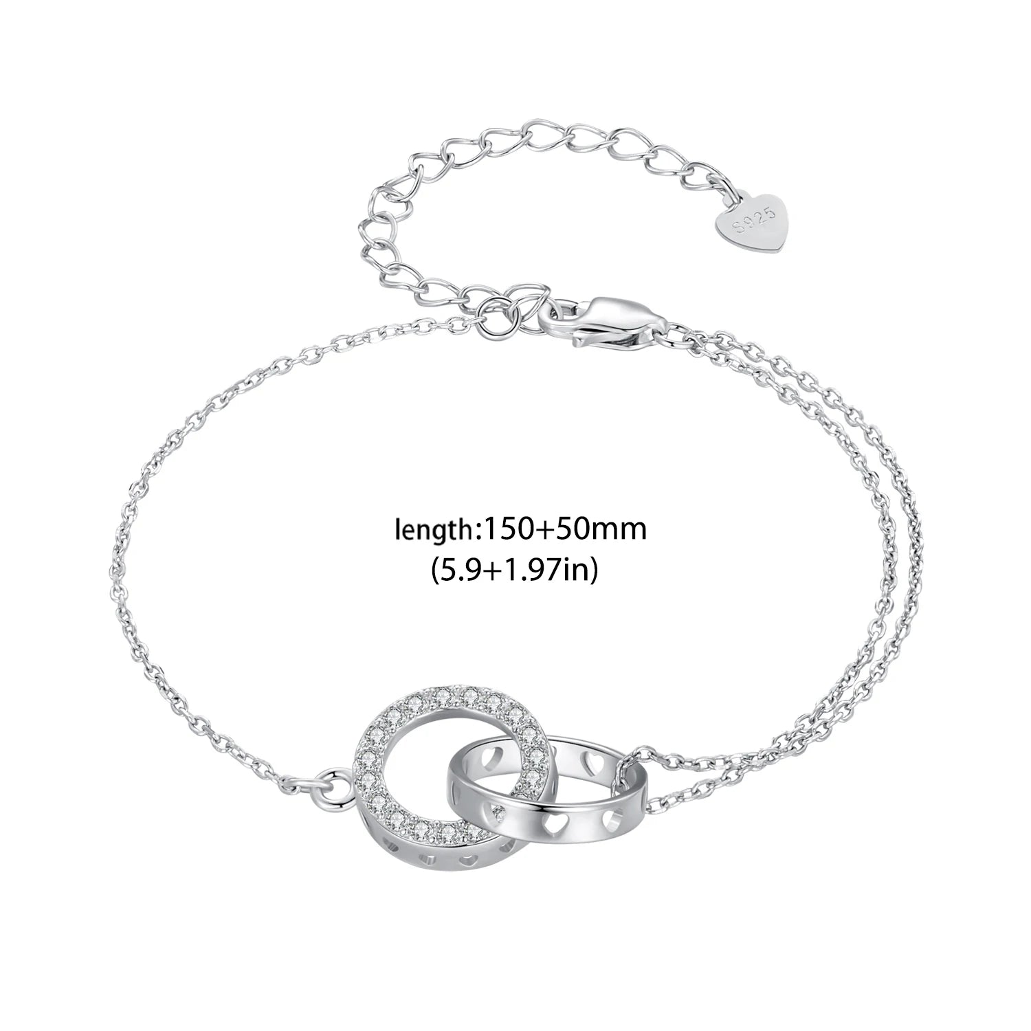 Sterling Silver Double Circle Hollow Heart Adjustable Bracelet