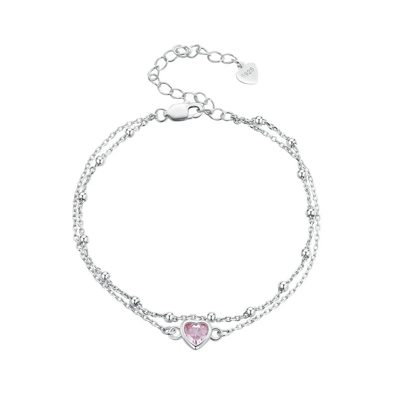 Sterling Silver Double Layer Pink Heart Bracelet for Women