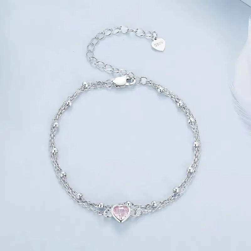 Sterling Silver Double Layer Pink Heart Bracelet for Women