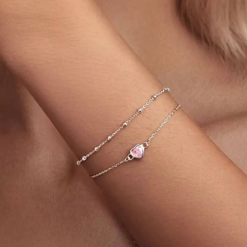 Sterling Silver Double Layer Pink Heart Bracelet for Women
