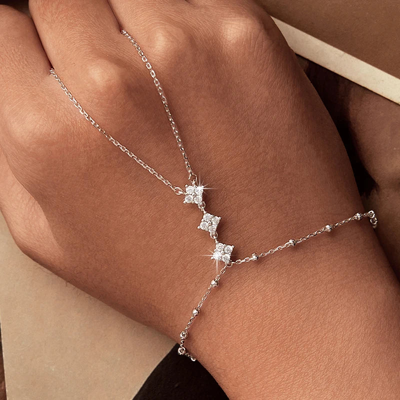 Sterling Silver Four-Leaf Clover Hand Chain Bracelet Set