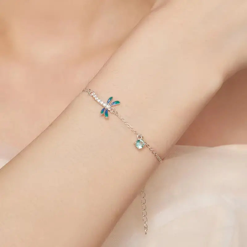 Sterling Silver Green & Blue Enamel Dragonfly Bracelet with CZ