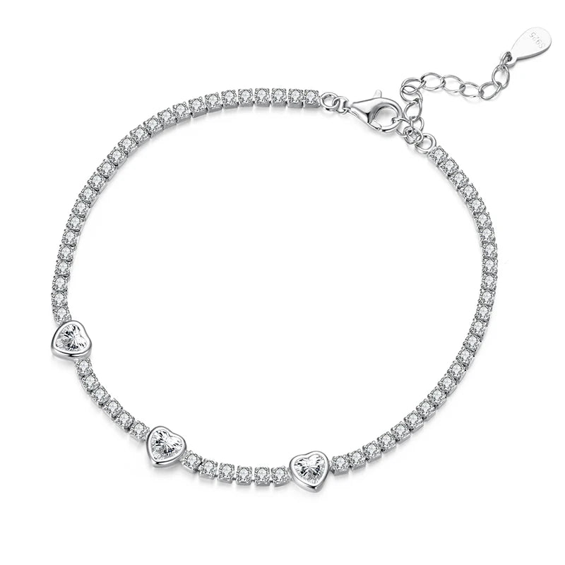 Sterling Silver Heart CZ Tennis Bracelet – Adjustable Chain Jewelry Gift
