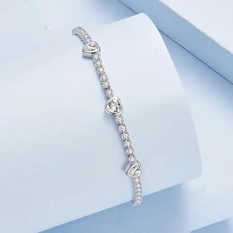 Sterling Silver Heart CZ Tennis Bracelet – Adjustable Chain Jewelry Gift