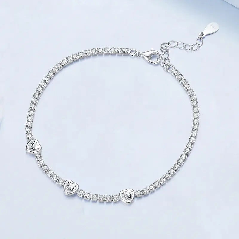 Sterling Silver Heart CZ Tennis Bracelet – Adjustable Chain Jewelry Gift
