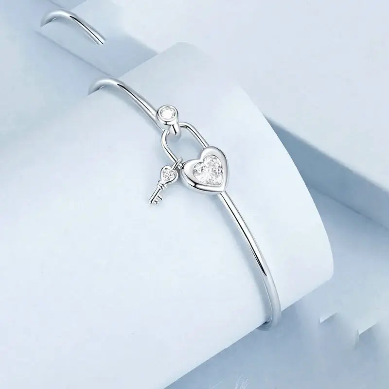 Sterling Silver Heart Lock Adjustable Chain Bracelet for Women