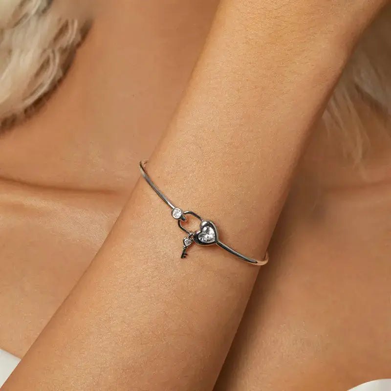 Sterling Silver Heart Lock Adjustable Chain Bracelet for Women