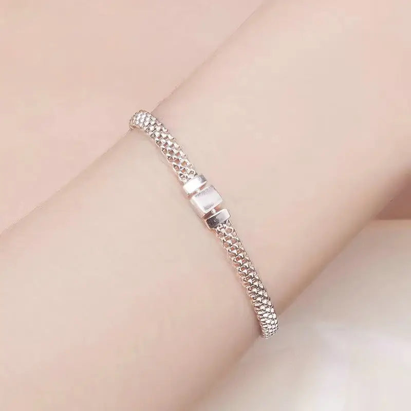 Sterling Silver Retro Braided Bracelet with Square Buckle