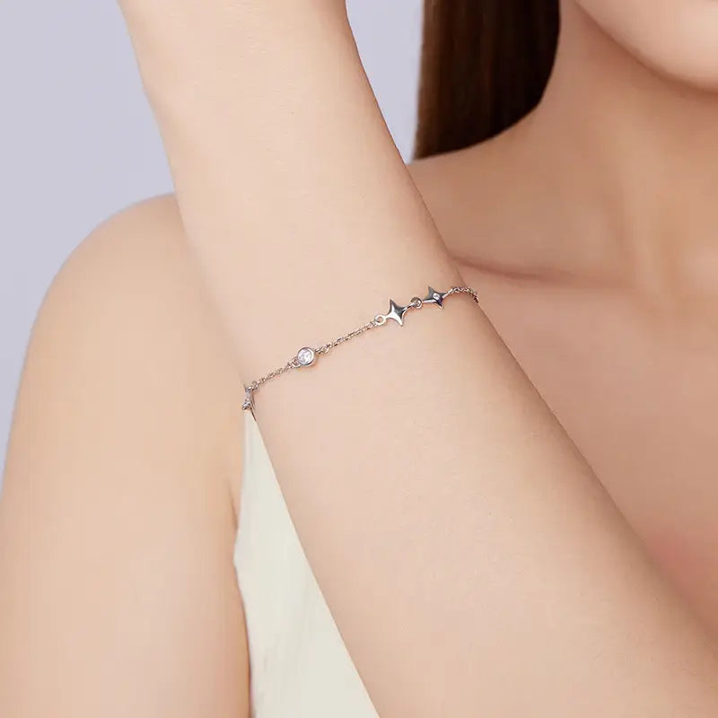 Sterling Silver Starry Adjustable Bracelet with Bezel CZ Links for Women
