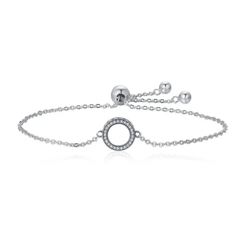 Sterling Silver Zircon Hollow Circle & Heart Chain Bracelet for Women