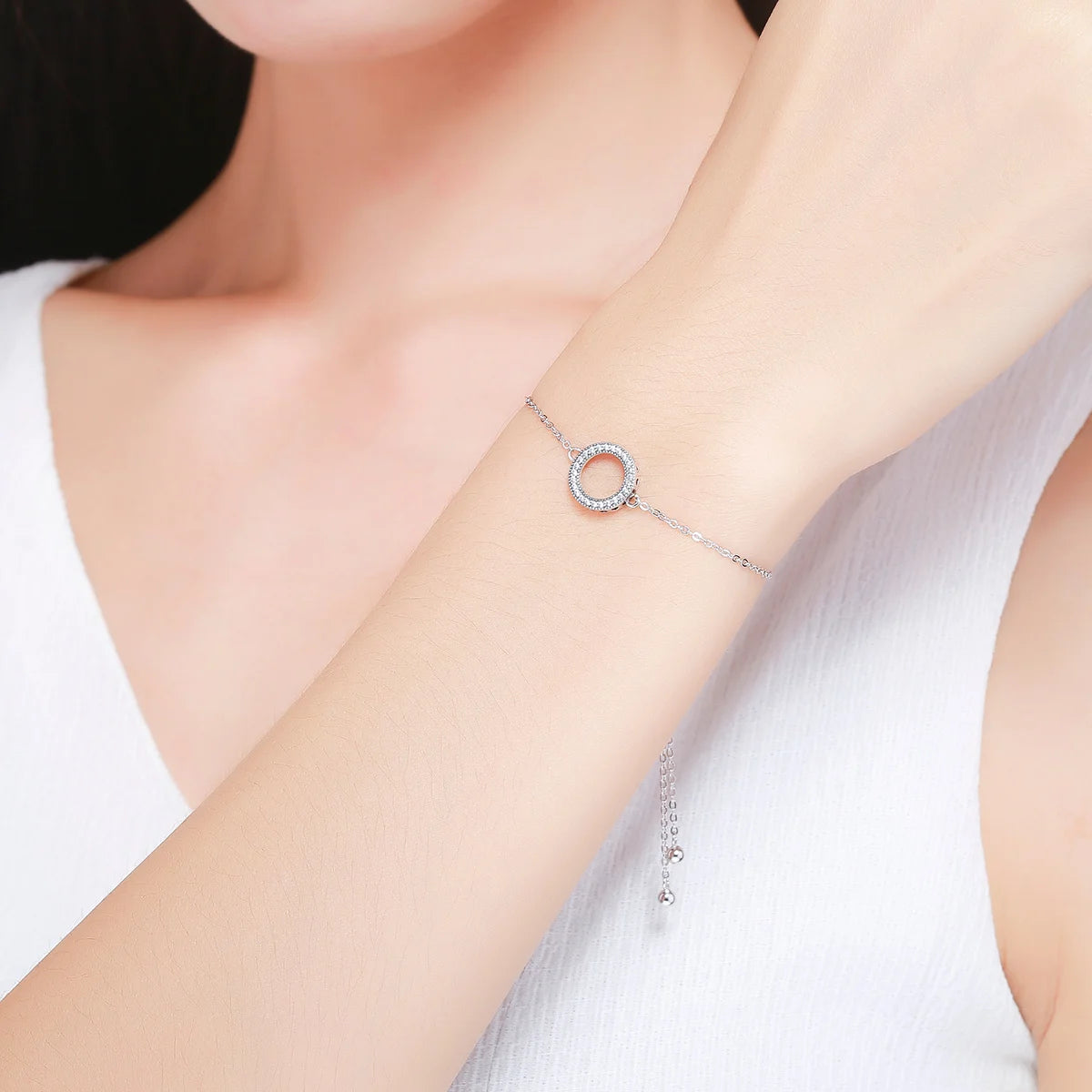Sterling Silver Zircon Hollow Circle & Heart Chain Bracelet for Women