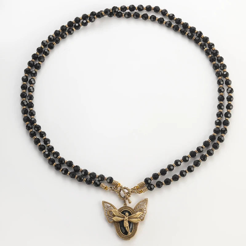 Vintage Black Agate Layered Necklace with Gold Fairy Wing Pendant