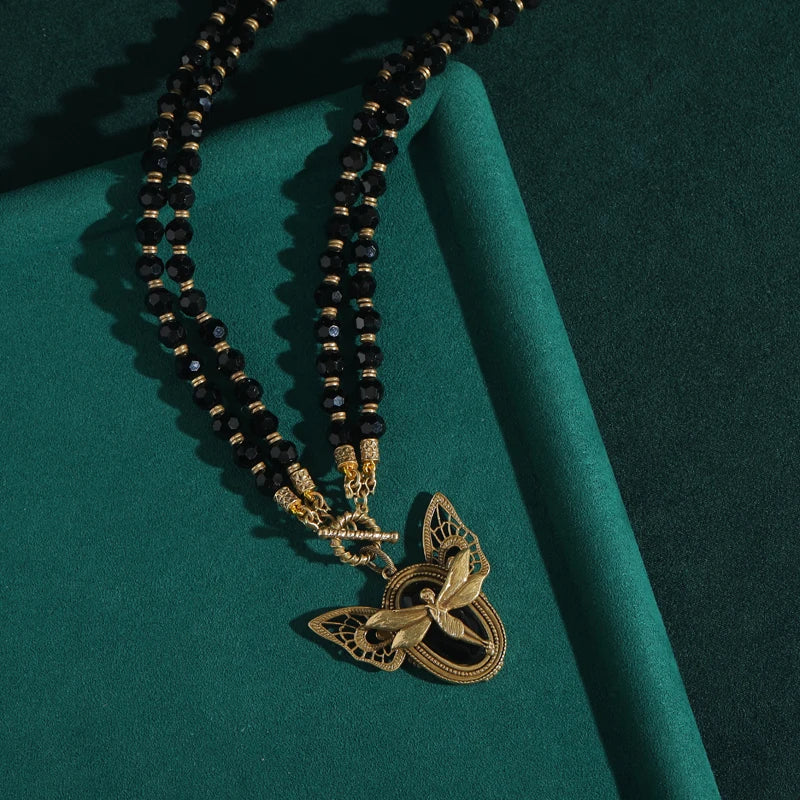 Vintage Black Agate Layered Necklace with Gold Fairy Wing Pendant