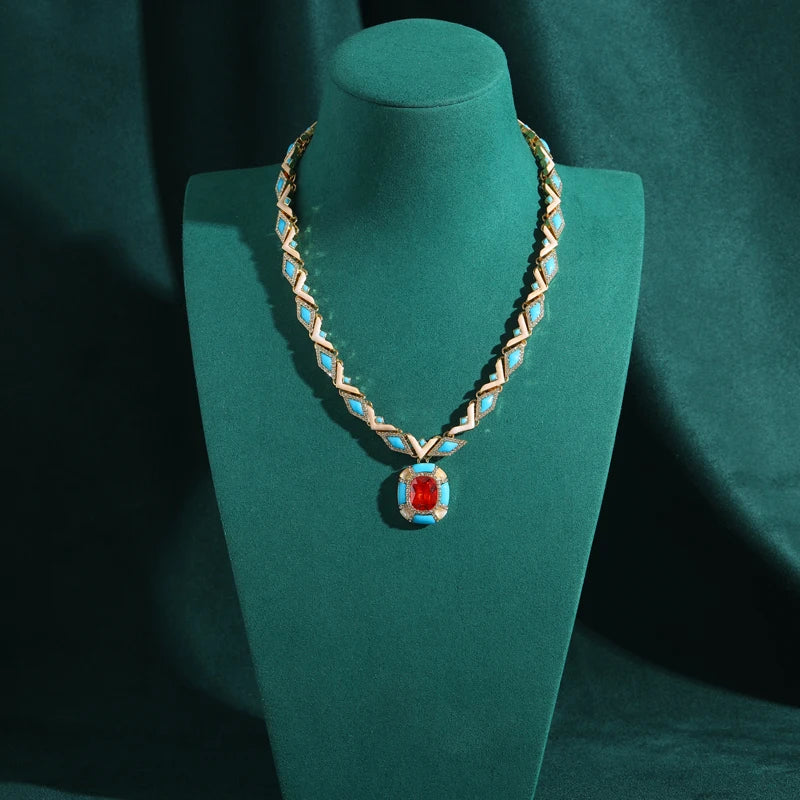 Vintage Blue & Red Stone Pendant Necklace – Women’s Jewelry
