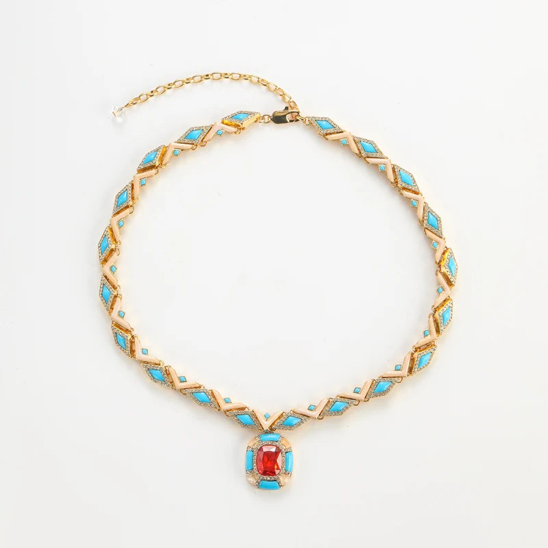 Vintage Blue & Red Stone Pendant Necklace – Women’s Jewelry