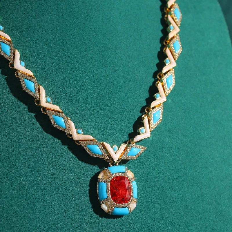 Vintage Blue & Red Stone Pendant Necklace – Women’s Jewelry