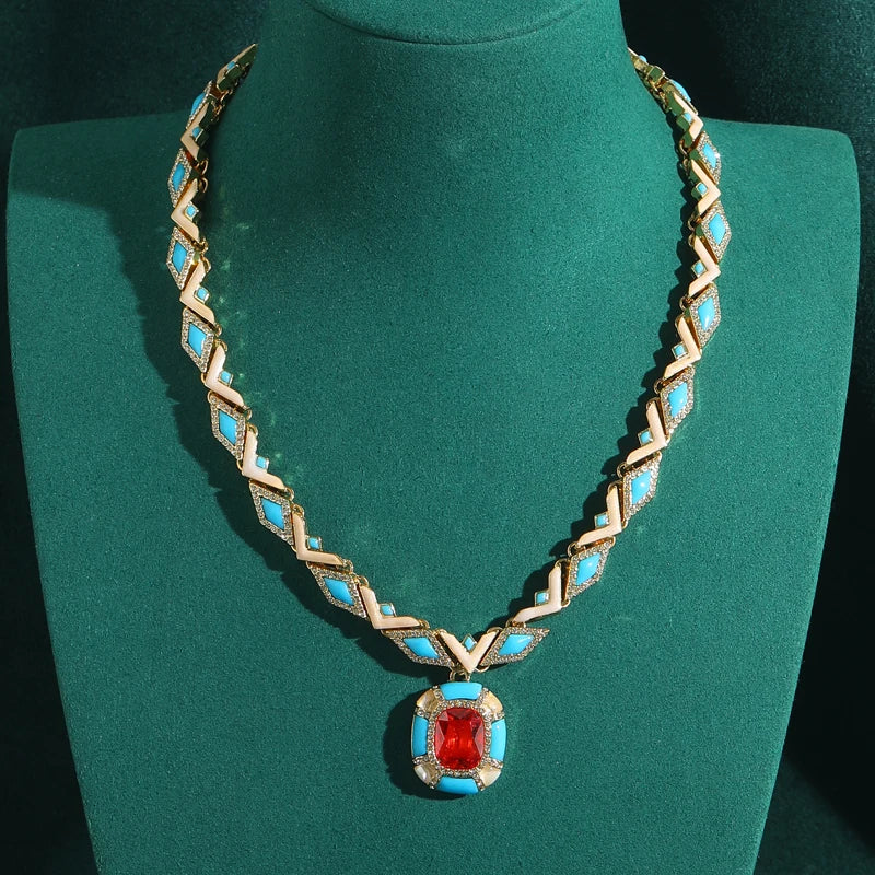 Vintage Blue & Red Stone Pendant Necklace – Women’s Jewelry