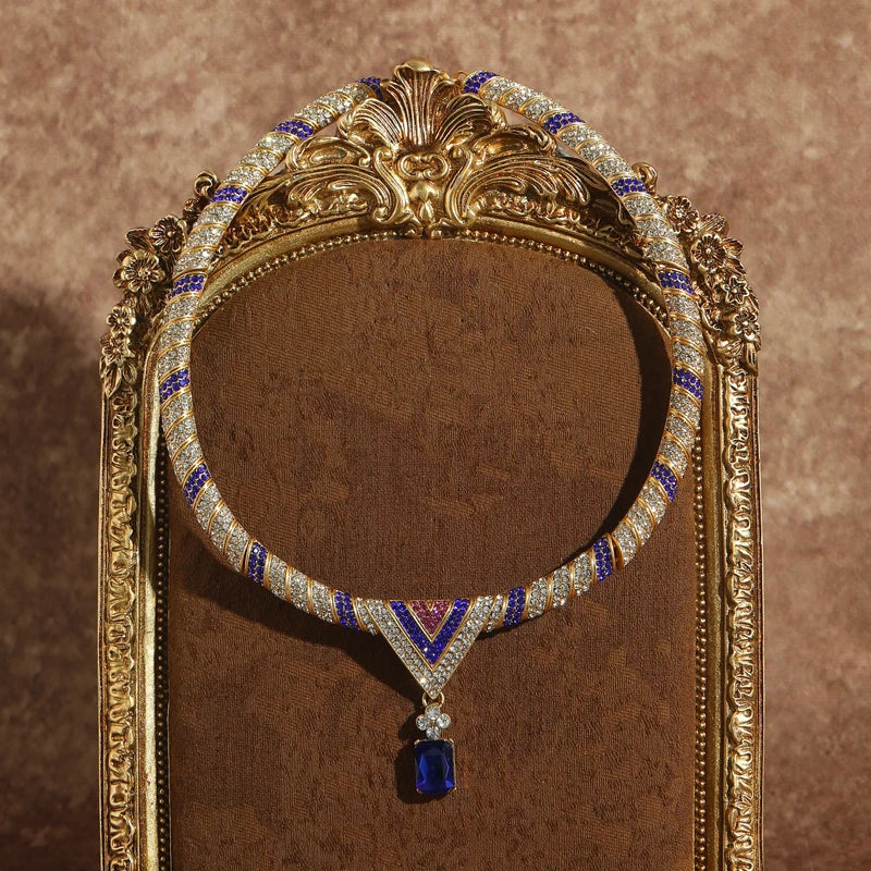 Vintage Blue Zircon Gold Choker Necklace with Rhinestones