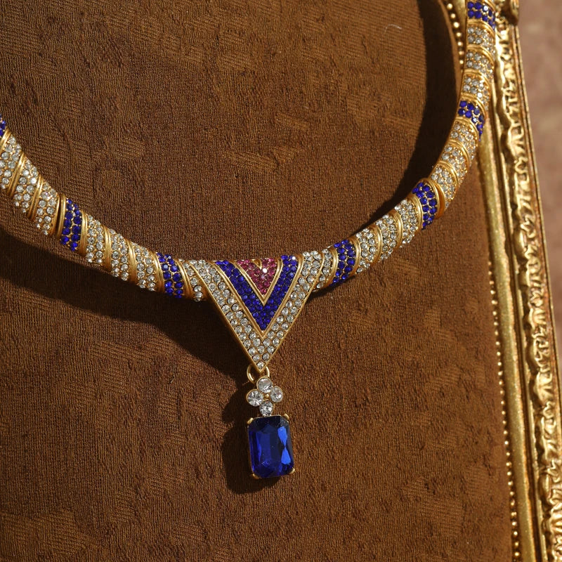 Vintage Blue Zircon Gold Choker Necklace with Rhinestones