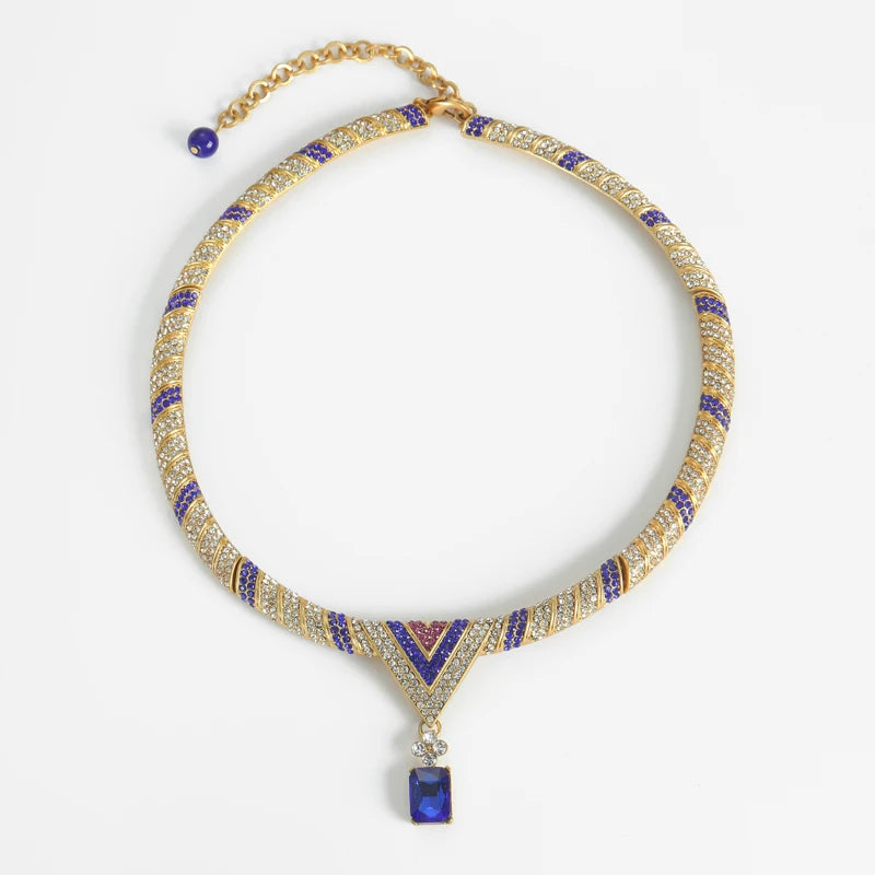 Vintage Blue Zircon Gold Choker Necklace with Rhinestones